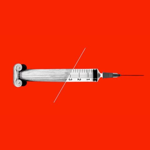 A Greek column that transforms into a syringe, on a red background